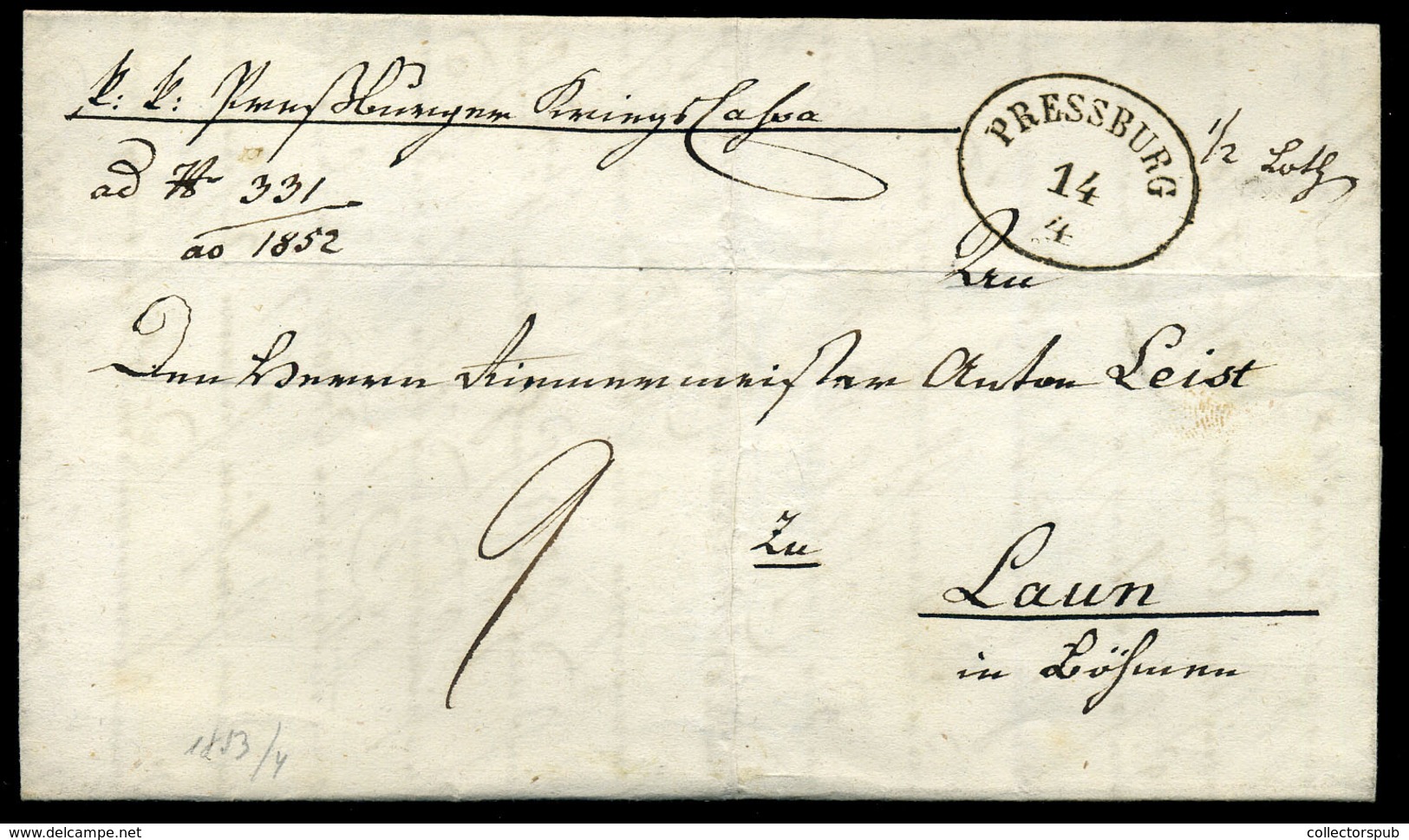 POZSONY 1851. Levél , Tartalommal , 9Kr Portóval Laun-ba Küldve  /  Letter , Cont, 9Kr Postage Due To Laun - ...-1867 Voorfilatelie