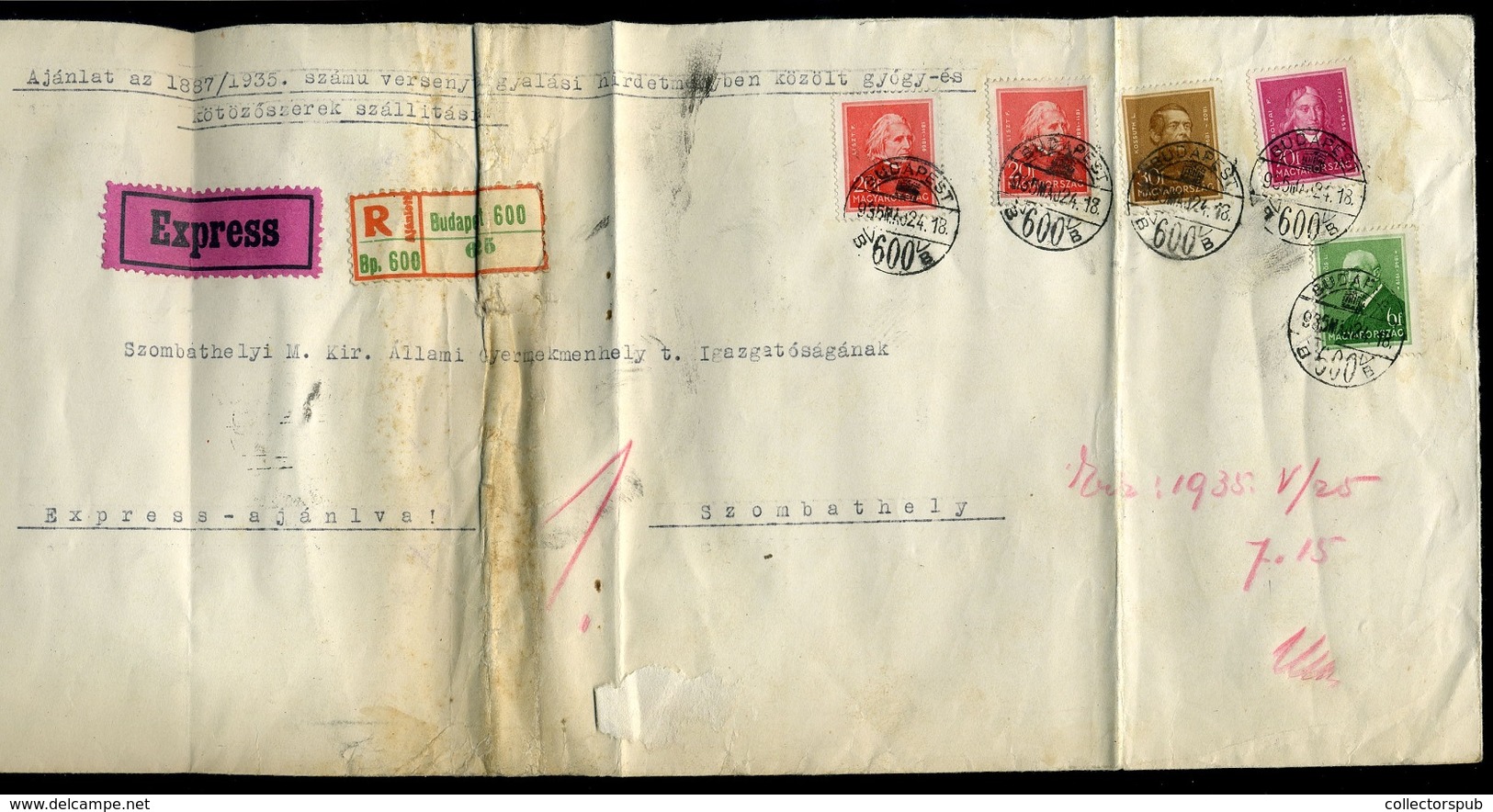 BUDAPEST 1935. Expressz-ajánlott Küldemény Arcképek Bélyegekkel , Ritka 1P46f-es Tarifával  /  Express-reg. Package Port - Lettres & Documents