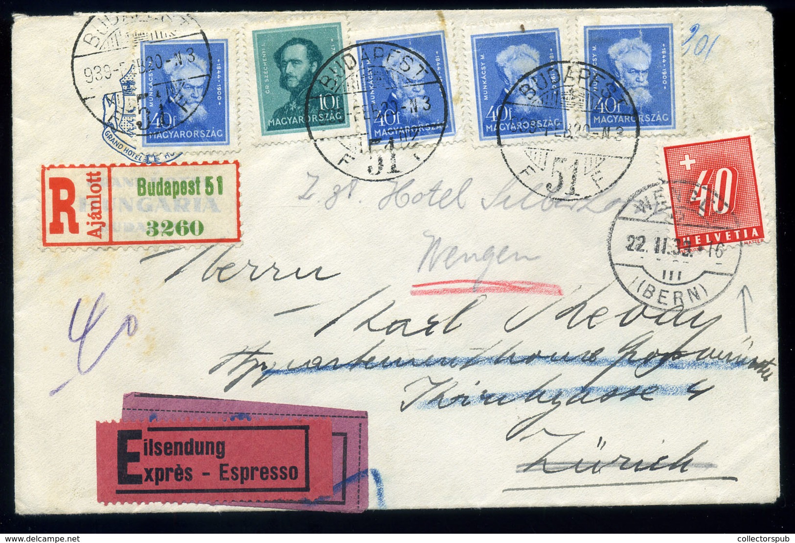 BUDAPEST 1933. Expressz-ajánlott Levél Svájcba Küldve, Portózva, Továbbküldéssel  /  Express-reg. Letter To Switzerland, - Lettres & Documents