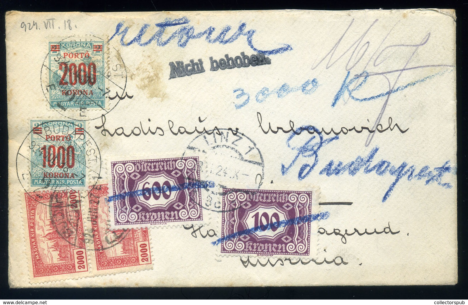 BUDAPEST 1924. Levél Ausztriáből Visszaküldve, Kettős Portózással! Dekoratív Darab!  /  Letter Returned From Austria Dou - Lettres & Documents