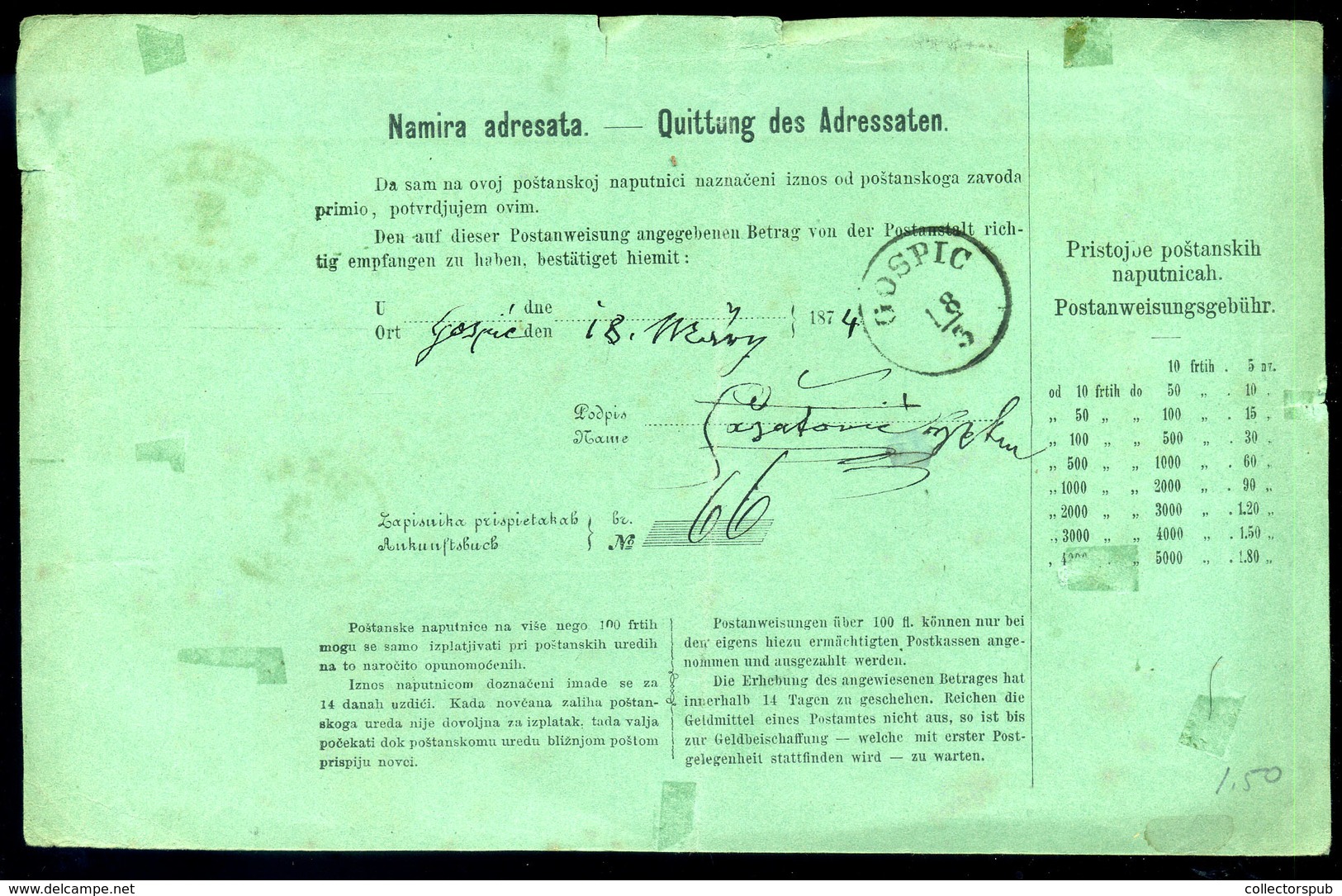 SISAK 1874 Díjjegyes Kétnyelvű Postautalvány Gospicra Küldve  /  Stationery Bilingual  Postal Money Order To Gospic - Gebruikt