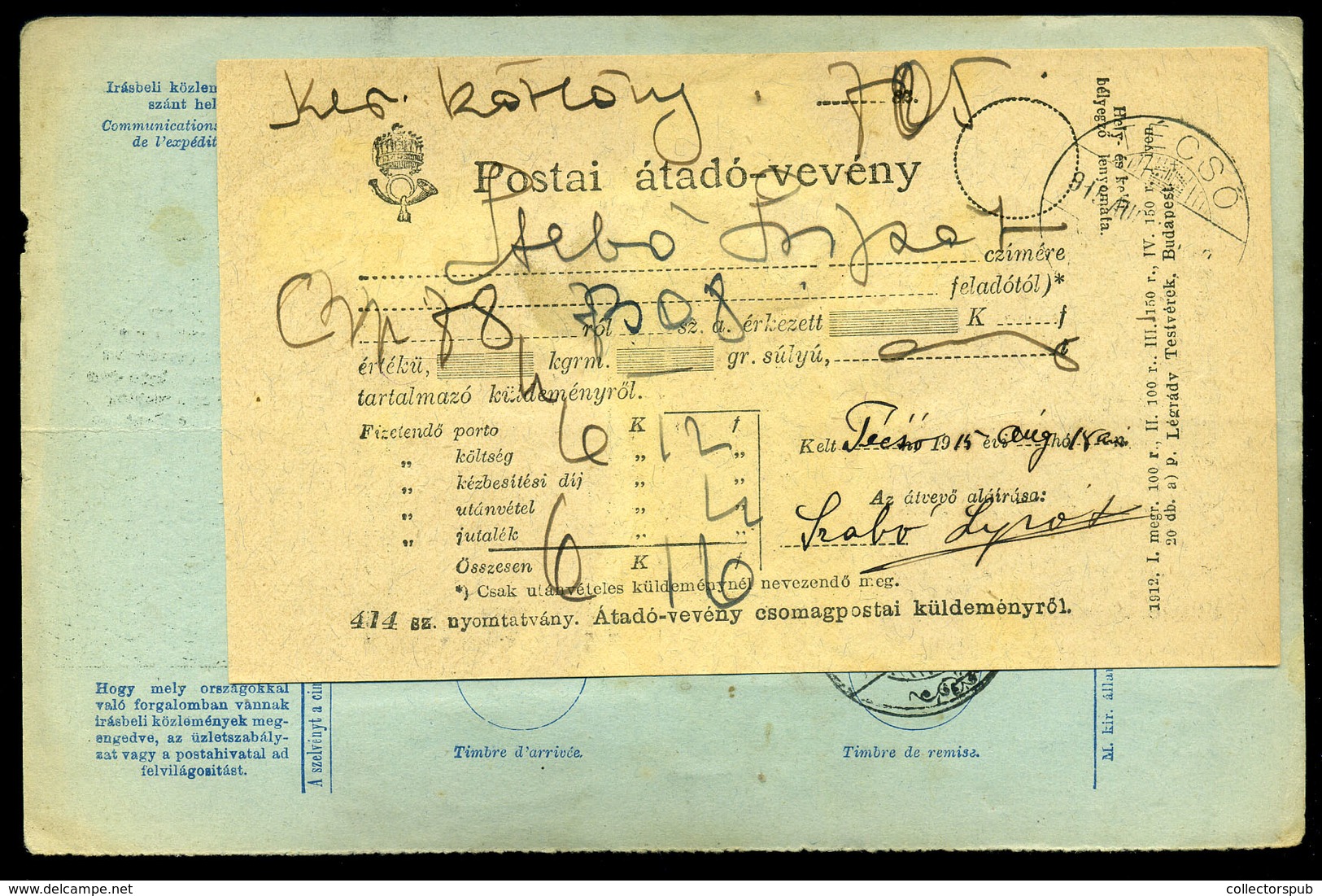 BUDAPEST 1915. Céges, Utánvételes Csomagszállító Técsőre Küldve, Csatolt Vevénnyel /  Corp, COD Parcel P.card To Técső A - Oblitérés