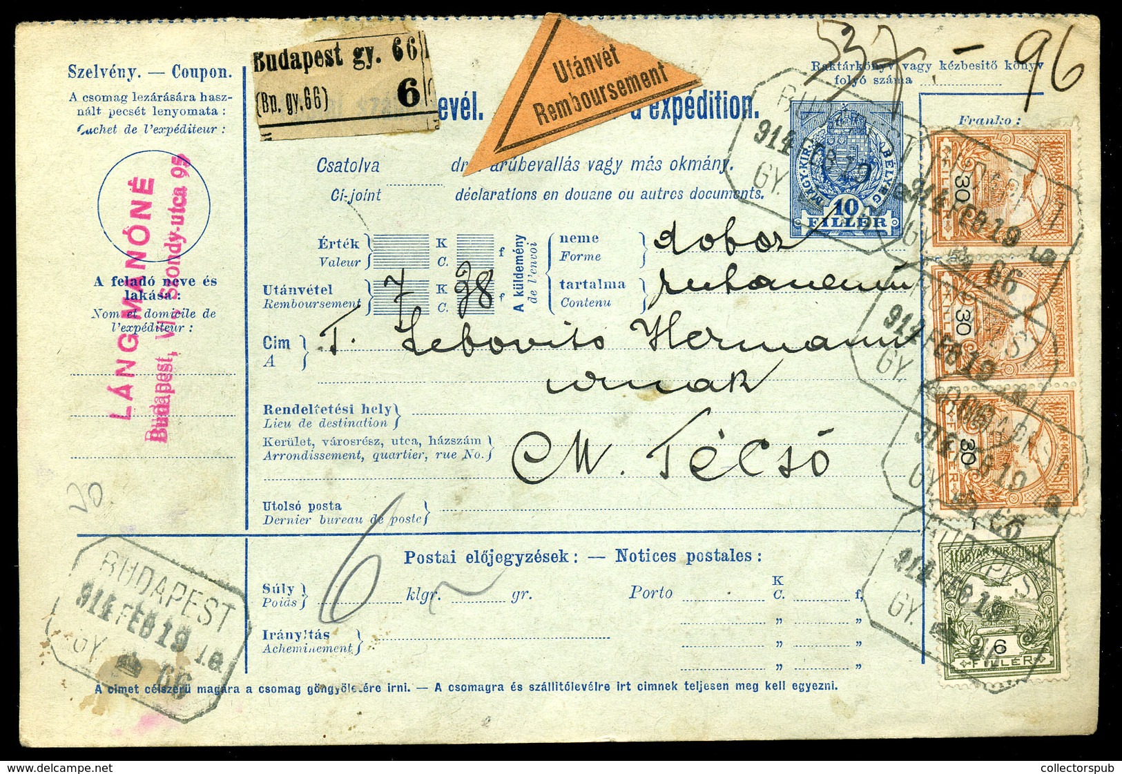 BUDAPEST 1914 Céges, Utánvételes Csomagszállító Gyűjtő Bélyegzéssel Técsőre Küldve, Csatolt Vevénnyel /  Corp, COD Parce - Oblitérés