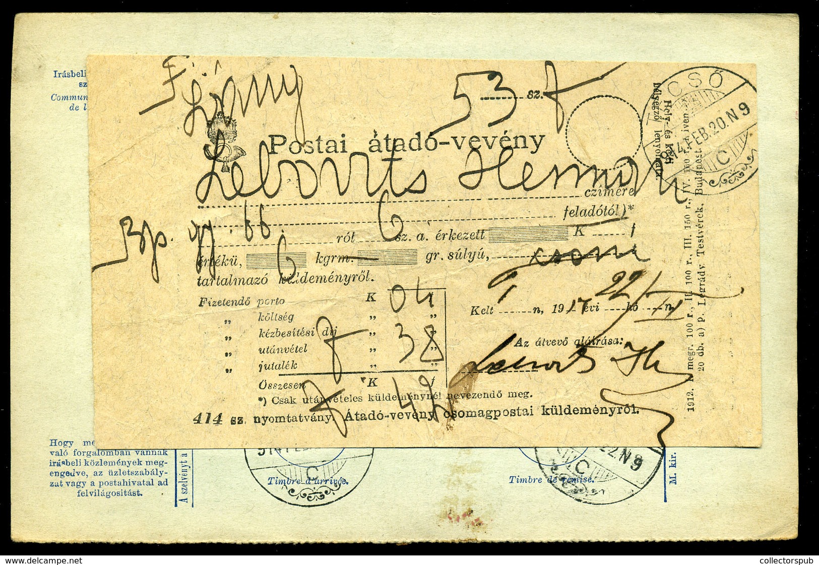 BUDAPEST 1914 Céges, Utánvételes Csomagszállító Gyűjtő Bélyegzéssel Técsőre Küldve, Csatolt Vevénnyel /  Corp, COD Parce - Oblitérés