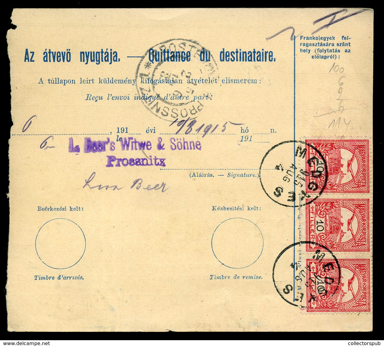 MEDGYES 1915. Csomagszállító Prossnitz-ba Küldve  /  Parcel P.card To Prossnitz - Oblitérés