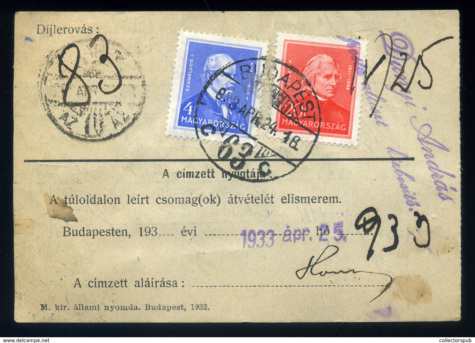 BUDAPEST 1933. Helyi Csomagszállító Arcképek Bélyegekkel  /  Local Parcel P.card Portraits Stamps - Lettres & Documents