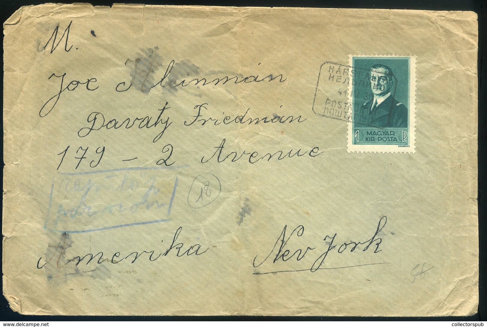 HÁRSFALVA 1941. Ajánlott Levél, Kétnyelvű Postaügynökségi Bélyegzéssel New Yorkba  Küldve, Ritka Darab!  /  Reg. Letter  - Brieven En Documenten