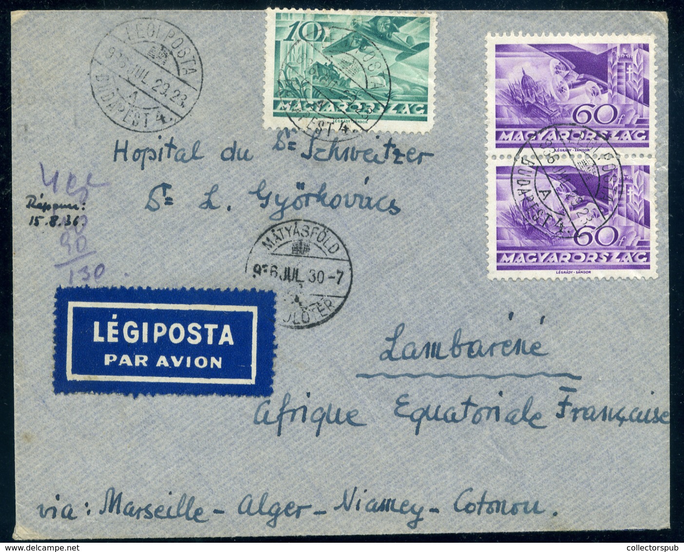 BUDAPEST MÁTYÁSFÖLD  1936. Légi Levél Francia-Egyenlítői -Afrikába (Gabon) Küldve!  /  Airmail Letter To French -Equator - Brieven En Documenten