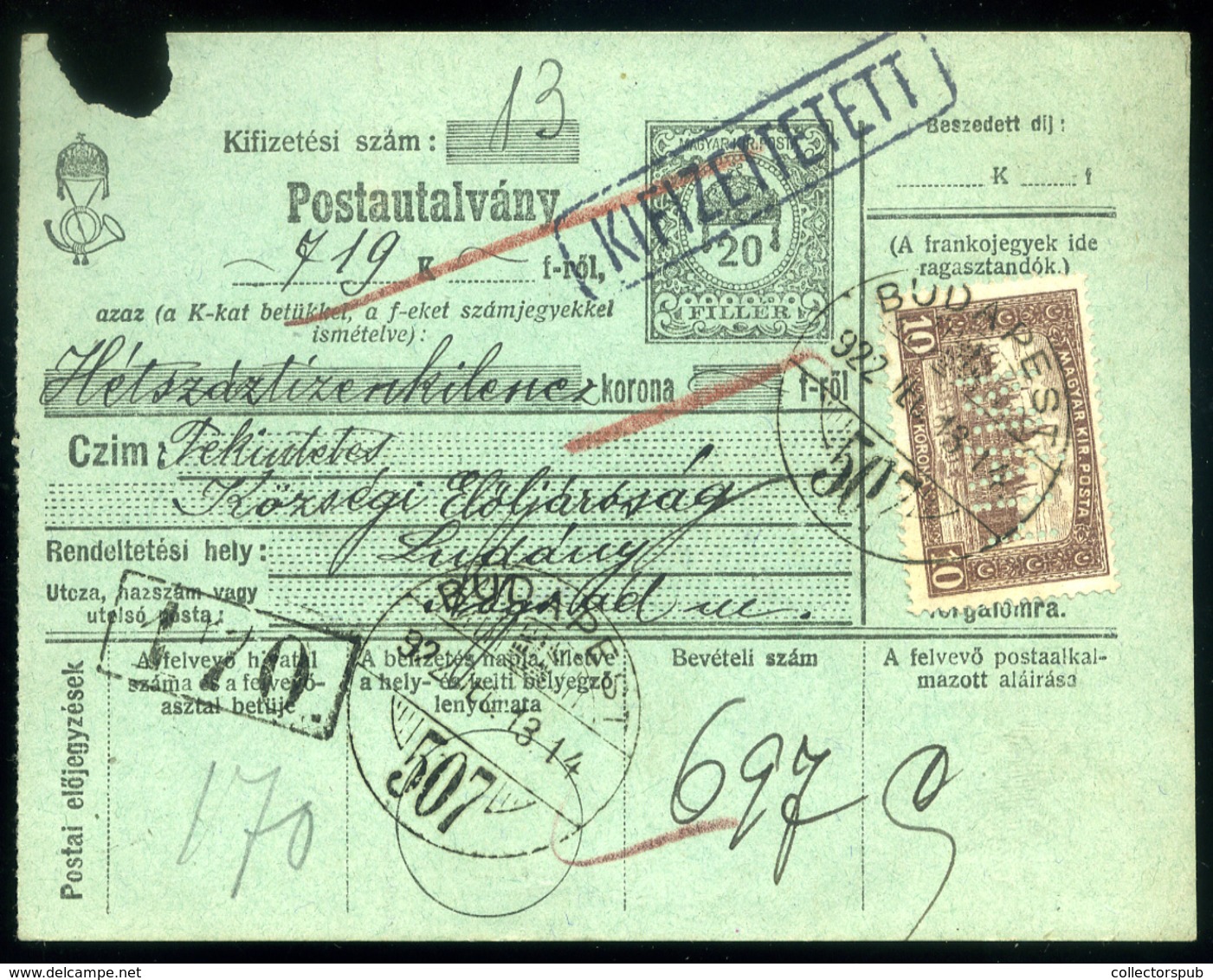 BUDAPEST 1922. Díjjegyes Postautalvány Céglyukasztásos Bélyeggel Ludányba Küldve  /  Stationery Postal Money Order Corp. - Lettres & Documents