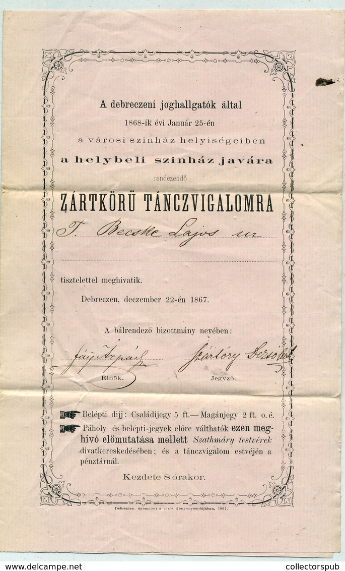 DEBRECEN 1868. Debreceni Joghallgatók Táncvigalom, Meghívó  /  Law Students Dance Ball, Invitation - Oblitérés