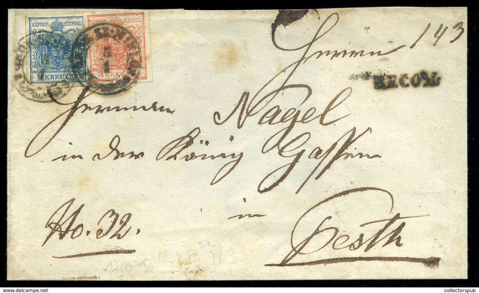 TÖRÖKSZENTMIKLÓS 1854. Ajánlott 9Kr+3Kr -os Levél Pestre Küldve, (hiányos Hátoldal)  /  Reg. 9Kr+3Kr Letter To Pest (inc - Oblitérés