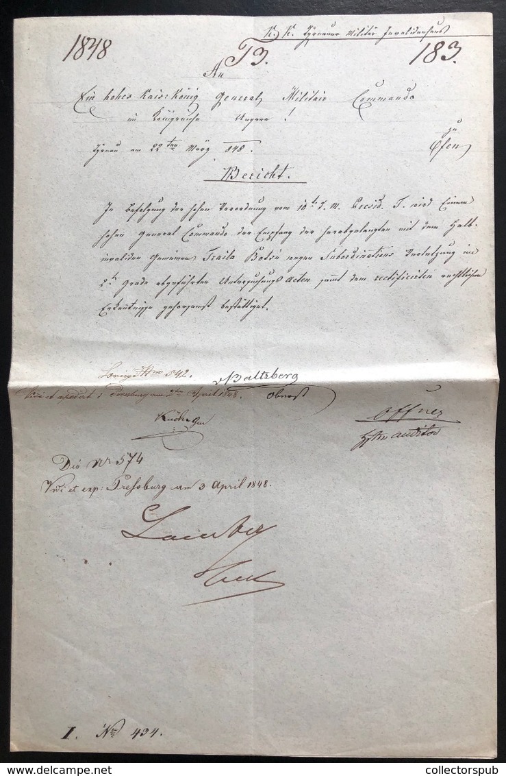 NAGYSZOMBAT 1848.04.22.Lamberg Ferenc Gróf, Altábornagy, Pozsonyi Hadosztályparancsnok Aláírása Katonai Dokumentumon (La - Unclassified