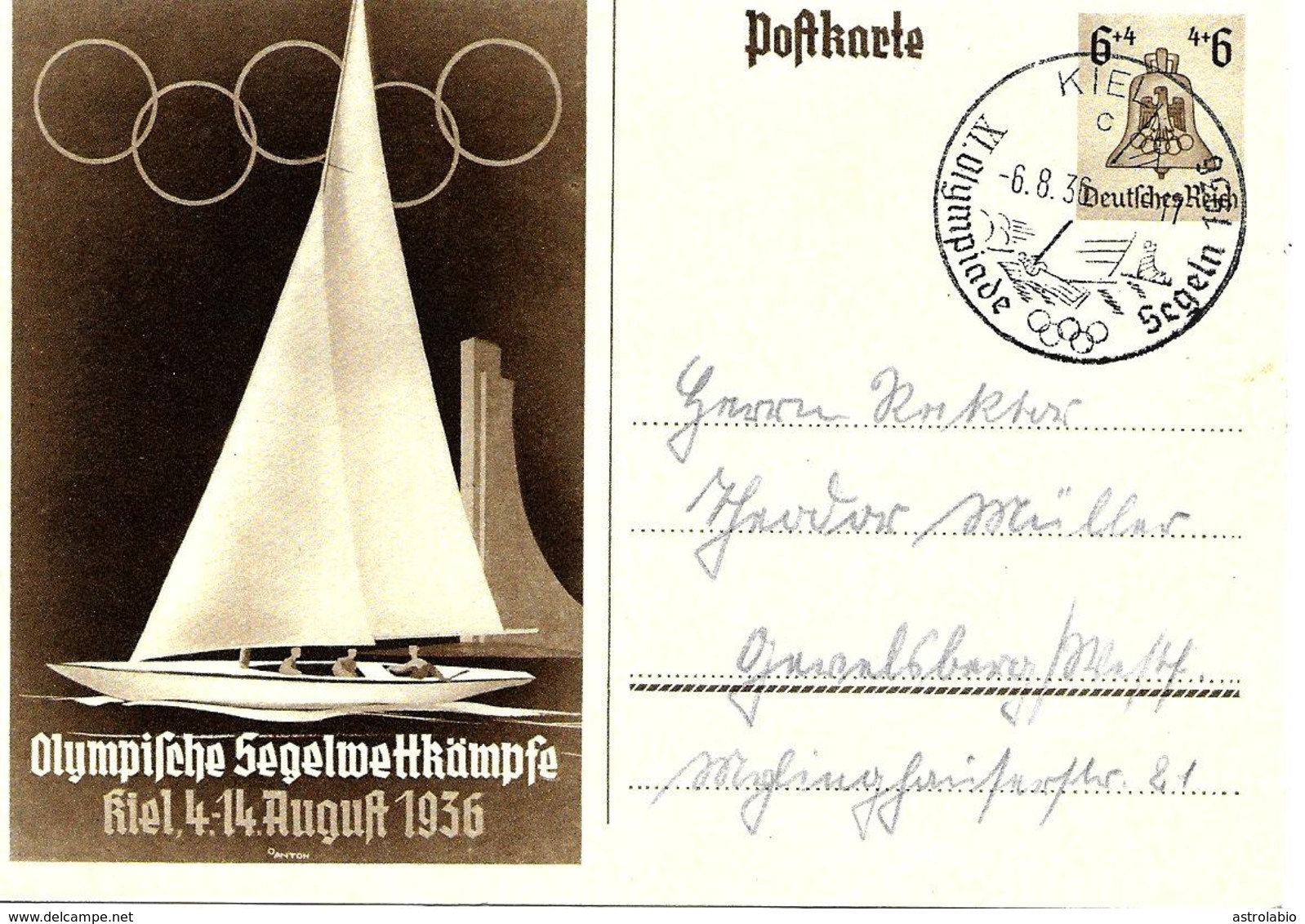 Olympiade De Berlin, Cachet Kiel Sur Entier Postal Illustre 1936 - Summer 1936: Berlin