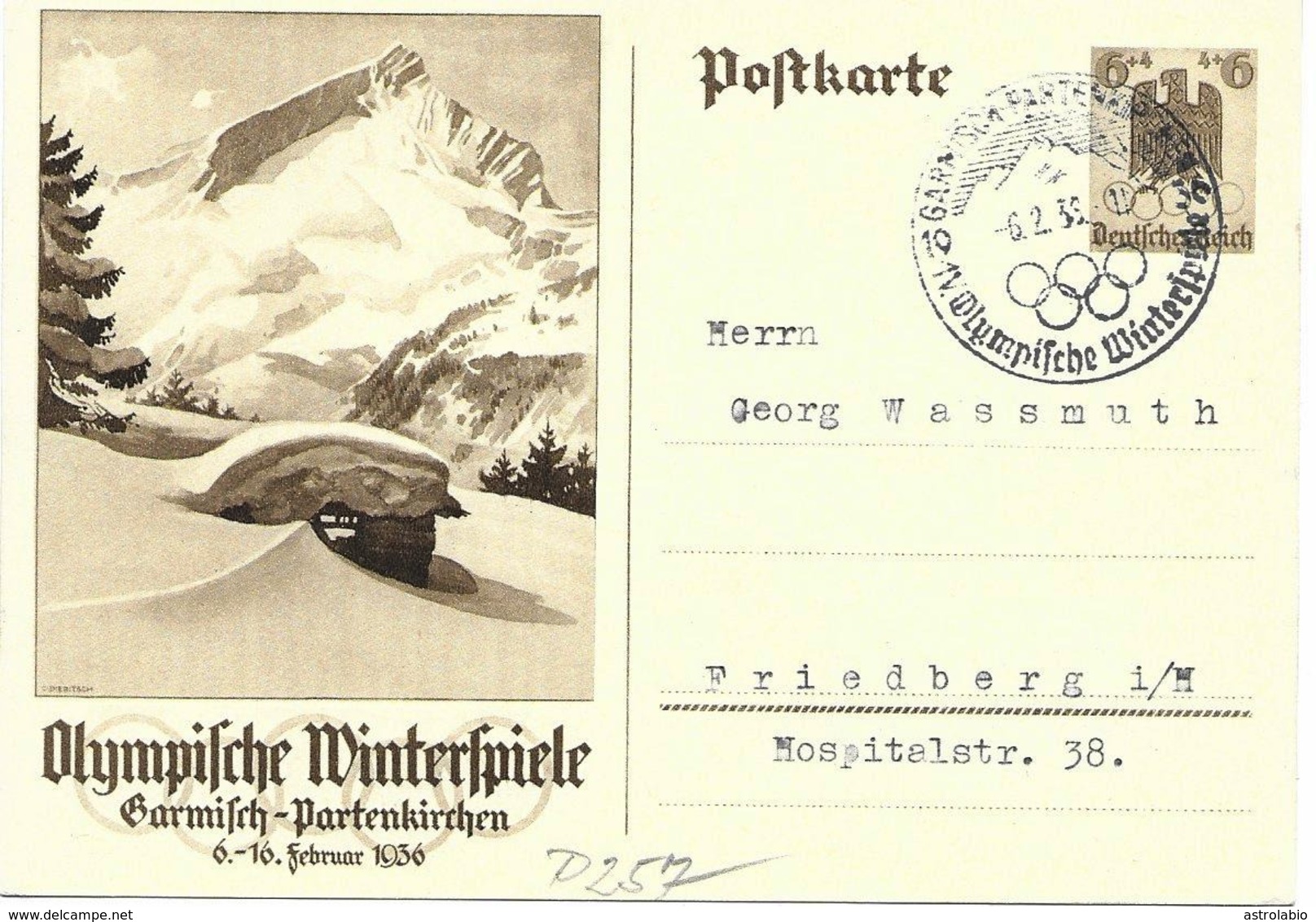 Olympiade De Berlin, Cachet De Garmisch Sur Entier Postal Illustre 1936 - Hiver 1936: Garmisch-Partenkirchen