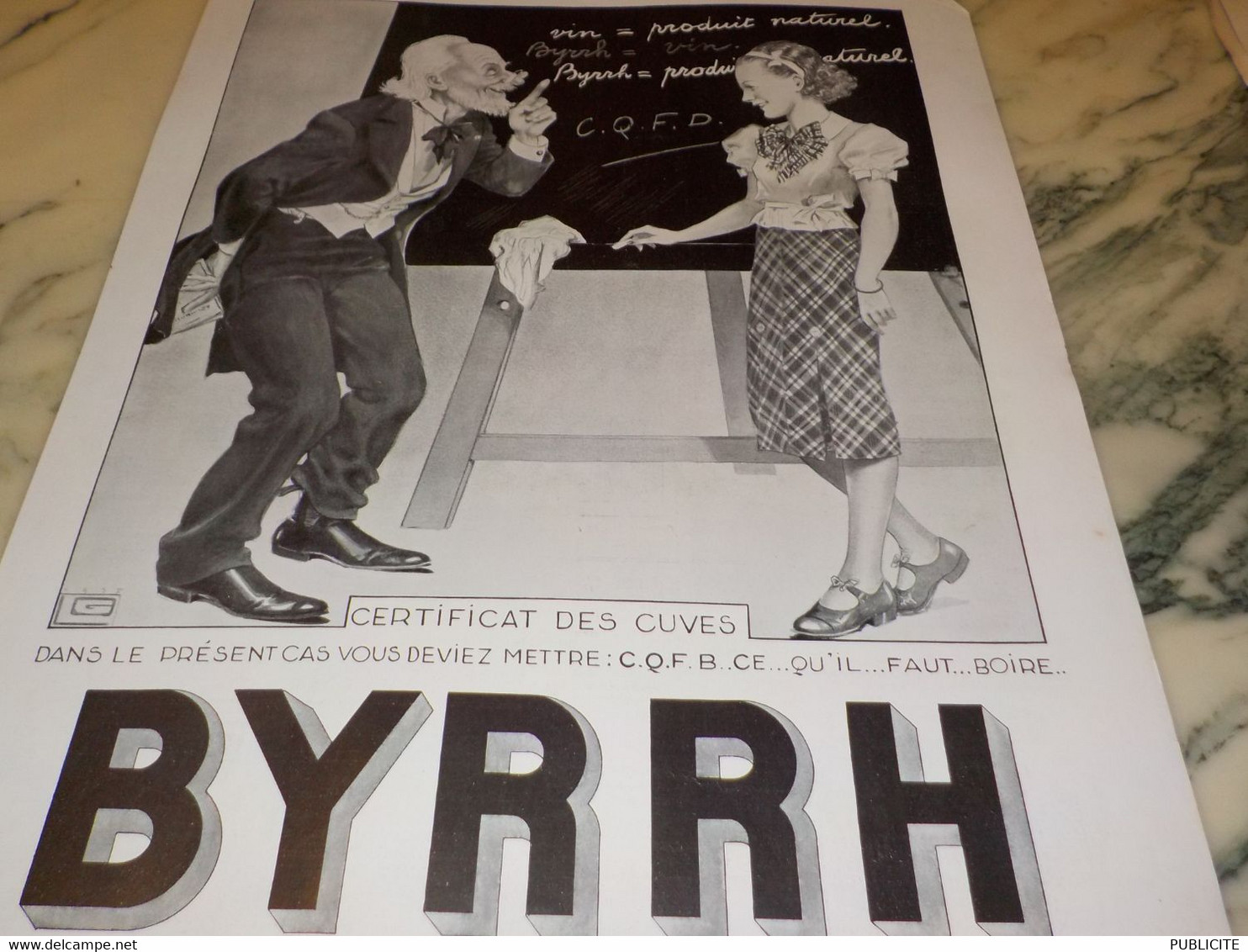 ANCIENNE PUBLICITE CERTIFICAT DES CUVES  BYRRH  1935 - Alcools