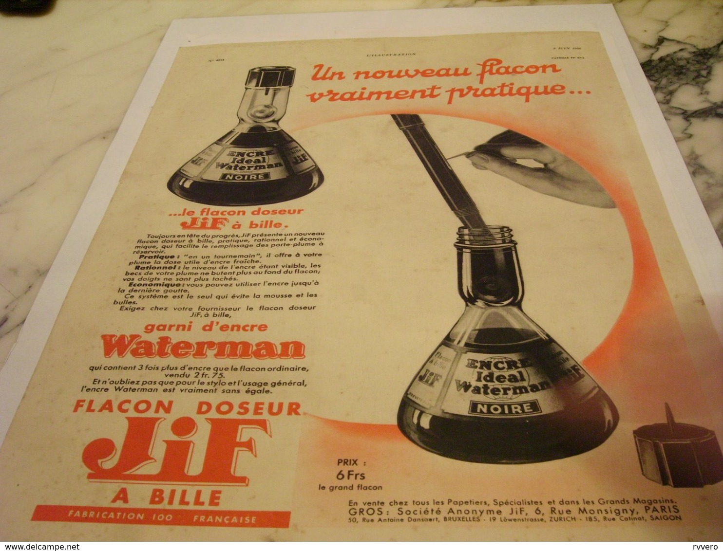 ANCIENNE PUBLICITE UN NOUVEAU FLACON JIF WATERMAN   1935 - Autres & Non Classés