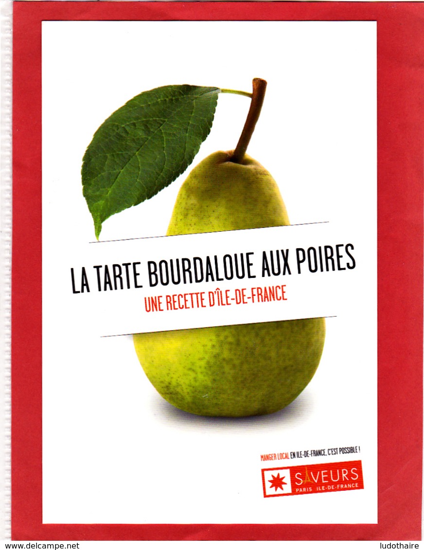 CP Grand Format, Recette De Cuisine, Tarte Bourdaloue Aux Poires, Paris Île-de-France - Recettes (cuisine)