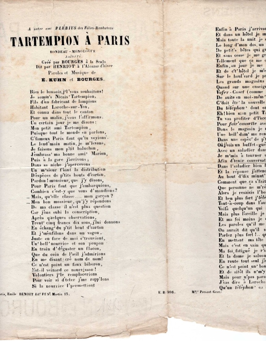 CAF CONC VESPASIENNE PISSOTIÈRE PARTITION XIX TARTEMPION À PARIS YONNAIS KUHN BOURGÈS 1883 ILL FARIA WATER-CLOSET - Autres & Non Classés