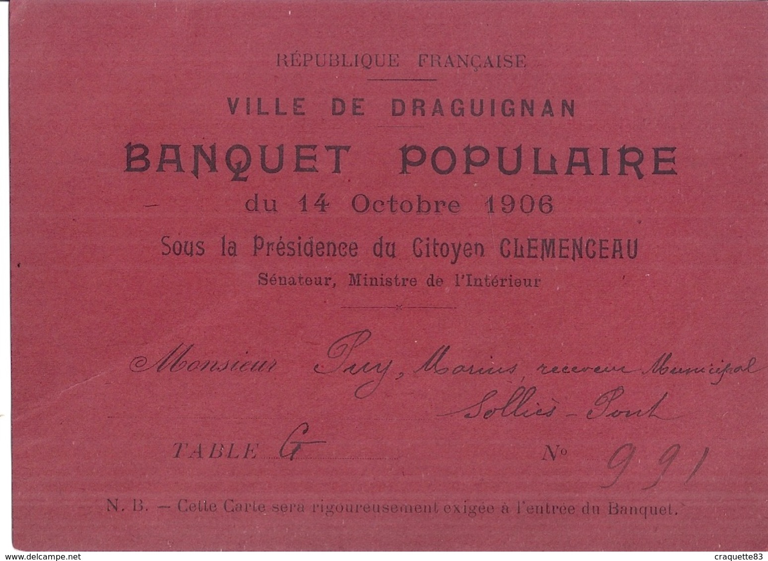 BANQUET POPULAIRE DU 14 OCTOBRE 1906 -DRAGUIGNAN  VAR-  SOUS LA PRESIDENCE DU CITOYEN CLEMENCEAU N°991 - Programs