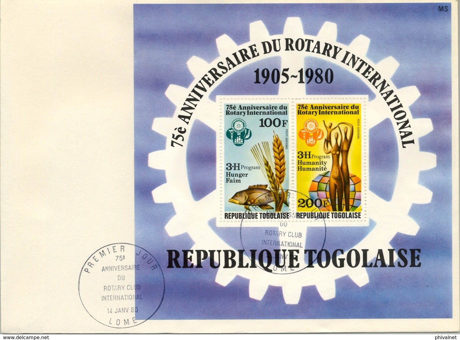 1980 , SOBRE DE PRIMER DIA , TOGO / REP. TOGOLAISE , 75 ANIVERSARIO DEL CLUB ROTARY INTERNATIONAL - Rotary, Club Leones