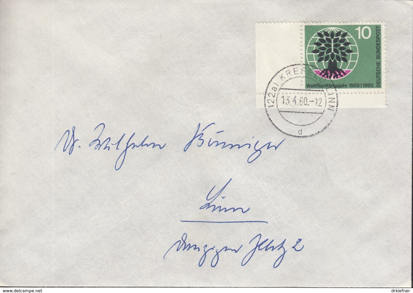 BRD 326 EF, Auf Ortsbrief, Stempel: Krefeld 13.4.1960, Weltflüchtlingsjahr 1960 - Lettres & Documents