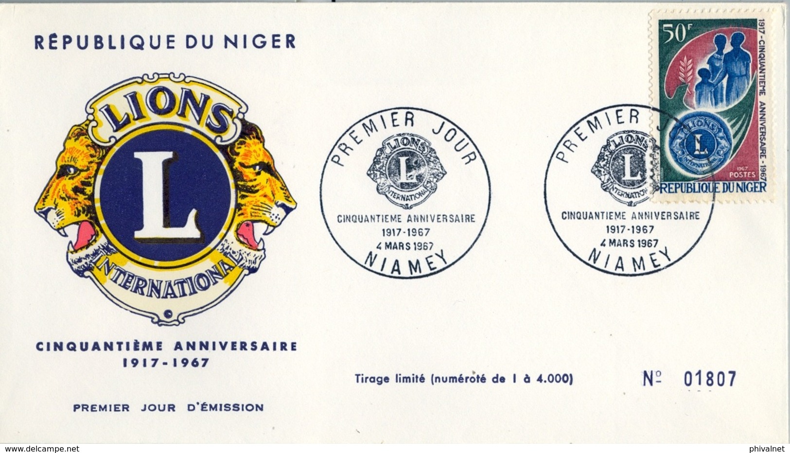 1967 , NIGER , LIONS INTERNATIONAL , SOBRE DE PRIMER DIA  , 5O ANIVERSARIO - Rotary, Club Leones