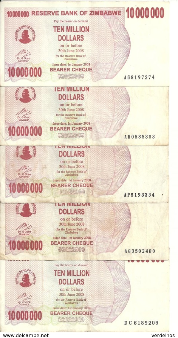 ZIMBABWE 10 MILLION DOLLARS 2008 VF P 55 ( 5 Billets) - Zimbabwe