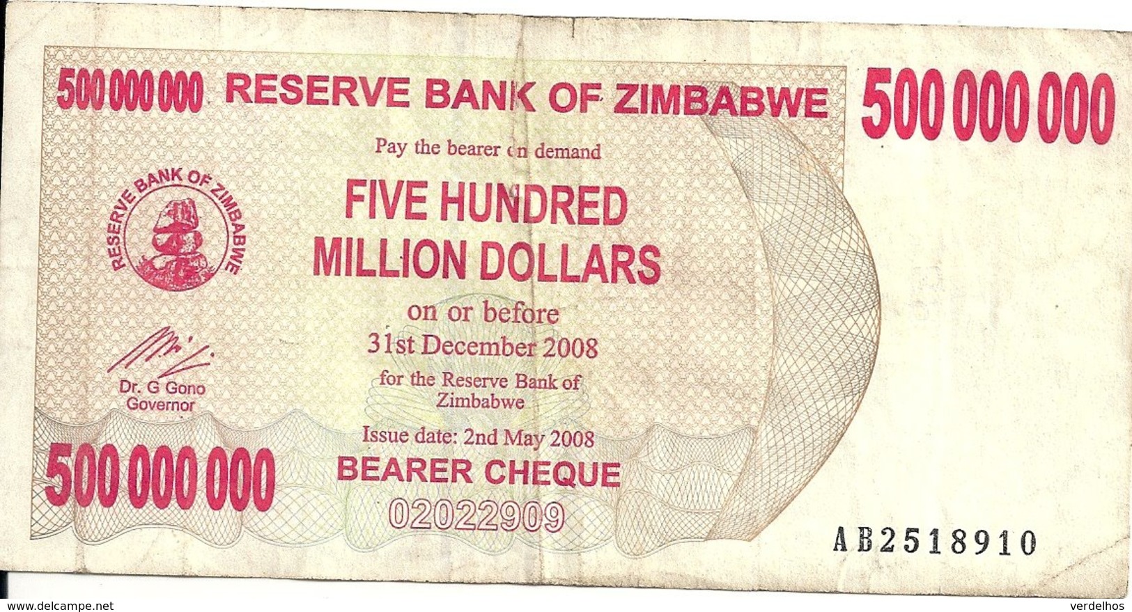 ZIMBABWE 500 MILLION  DOLLARS BEARER CHEQUE 2008 VG+ P 60 - Zimbabwe