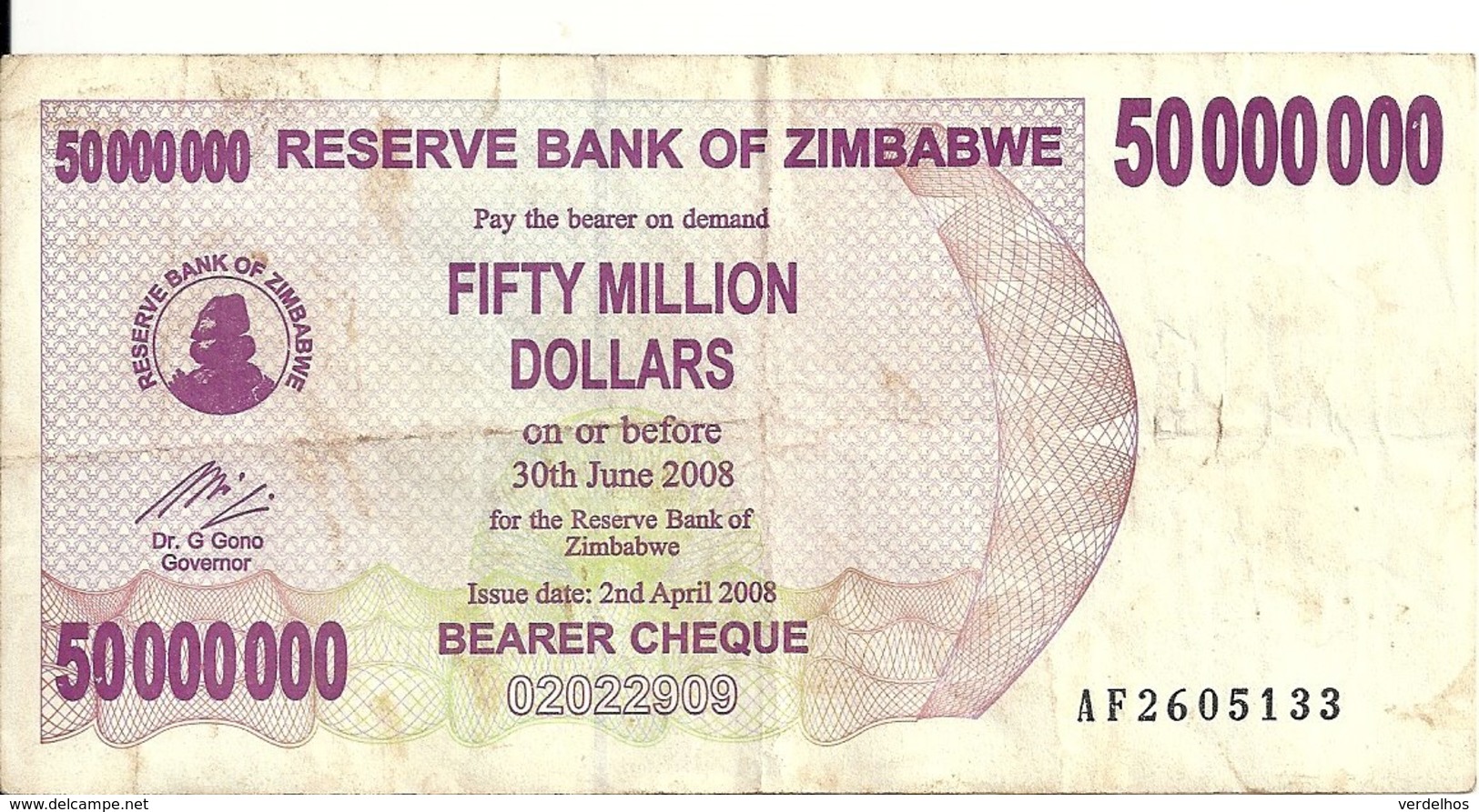 ZIMBABWE 50 MILLION DOLLARS 2008 VF P 57 - Zimbabwe
