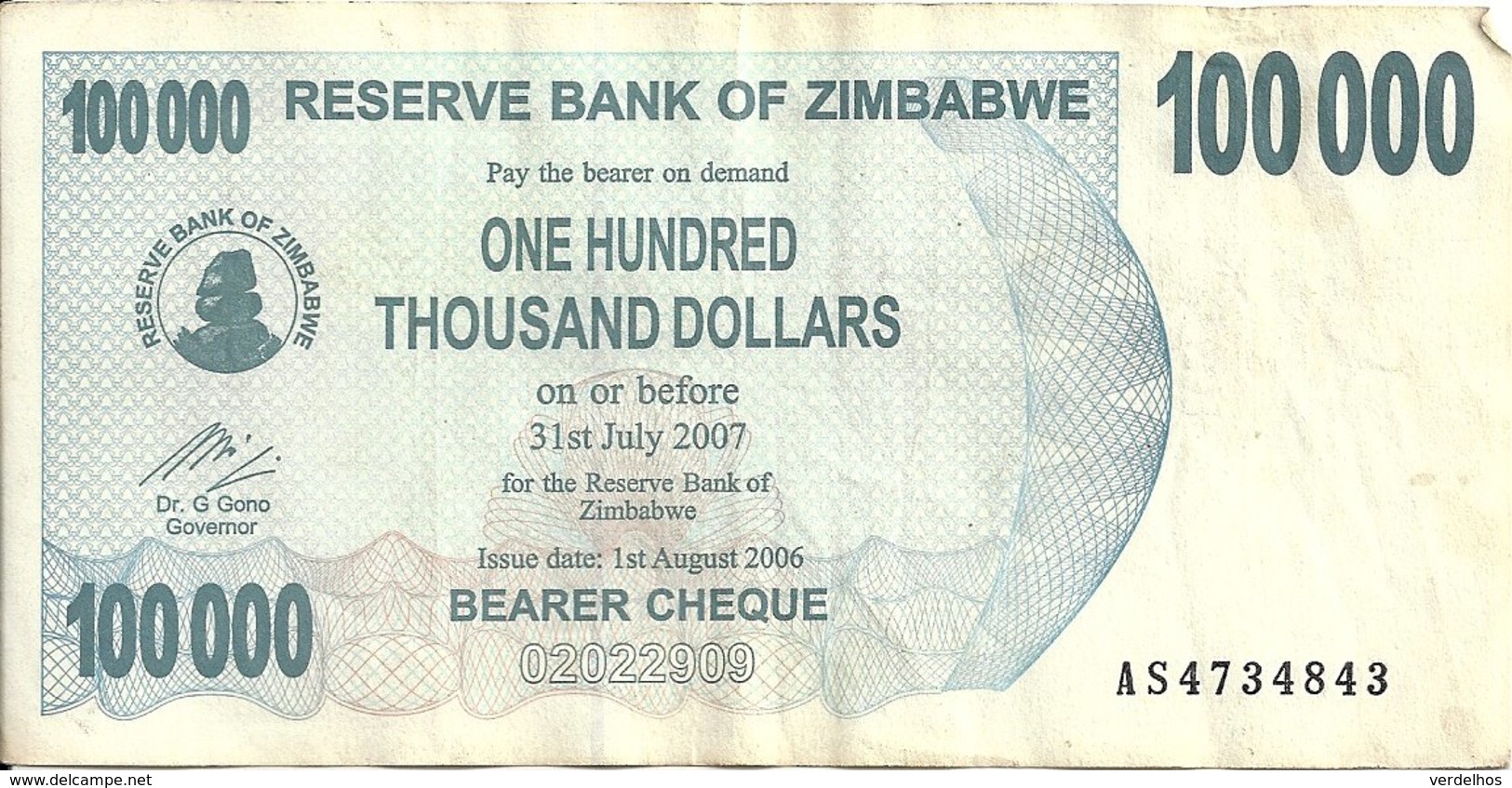 ZIMBABWE 100000  DOLLARS  BEARER CHEQUE  2006 VF P 48 B - Zimbabwe