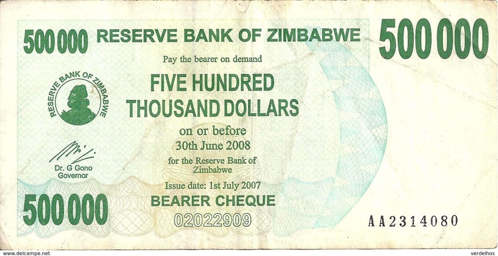 ZIMBABWE 500000 DOLLARS BEARER CHEQUE 2007 VF P 51 - Zimbabwe