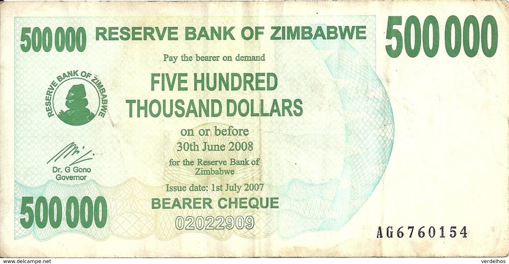 ZIMBABWE 500000 DOLLARS BEARER CHEQUE 2007 VF P 51 - Zimbabwe