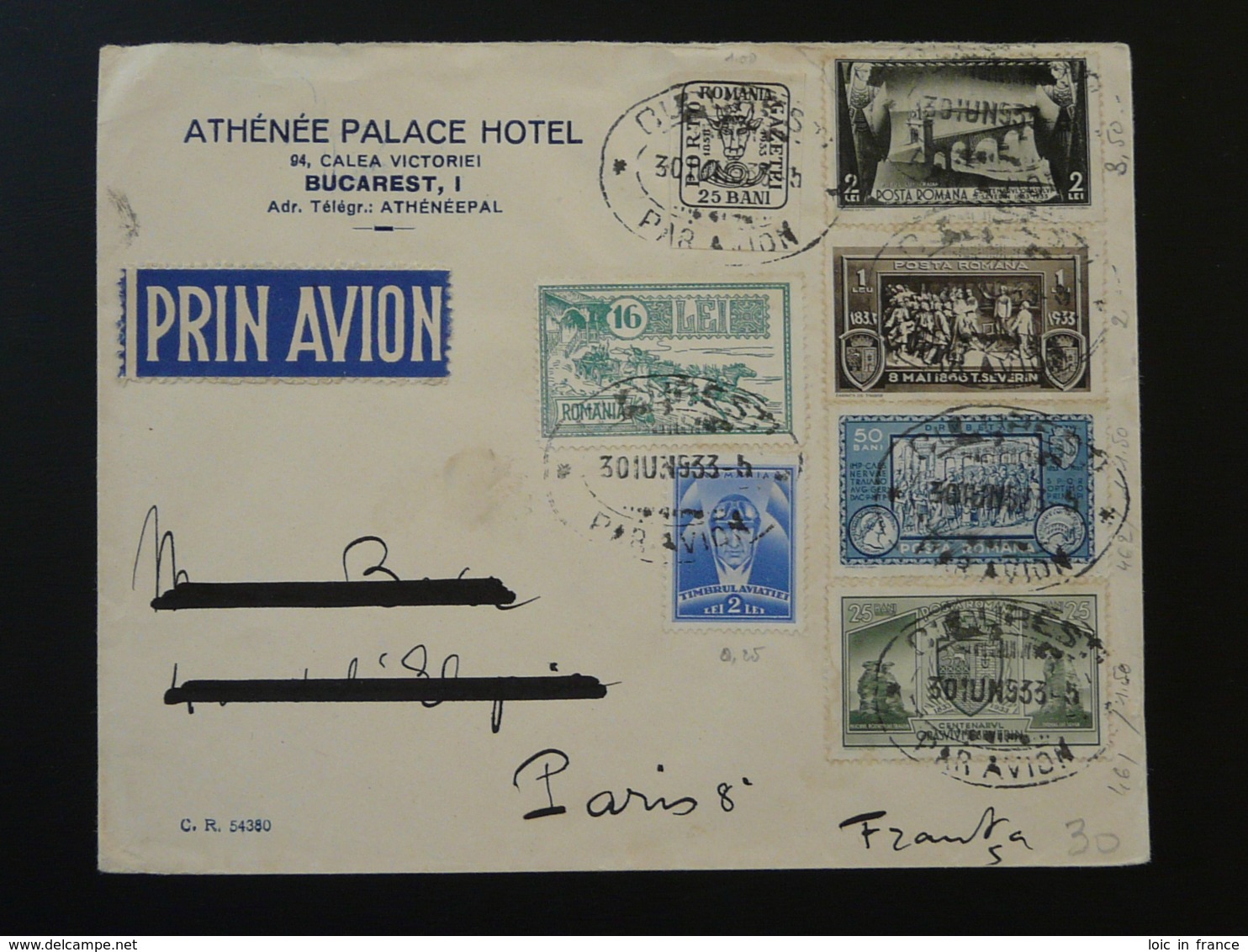 Lettre Par Avion Air Mail Cover Roumanie Pour Paris 1933 - Covers & Documents