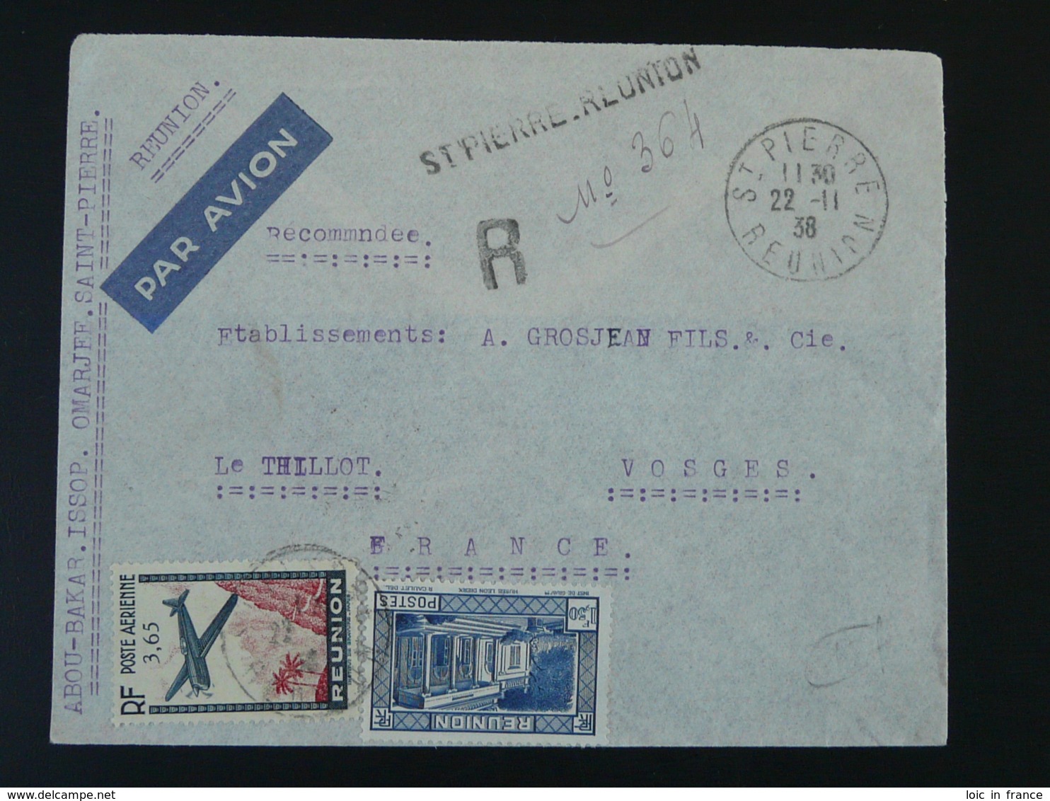 Lettre Recommandée Par Avion St-Pierre Réunion Pour Le Thillot Vosges 1938 - Lettres & Documents