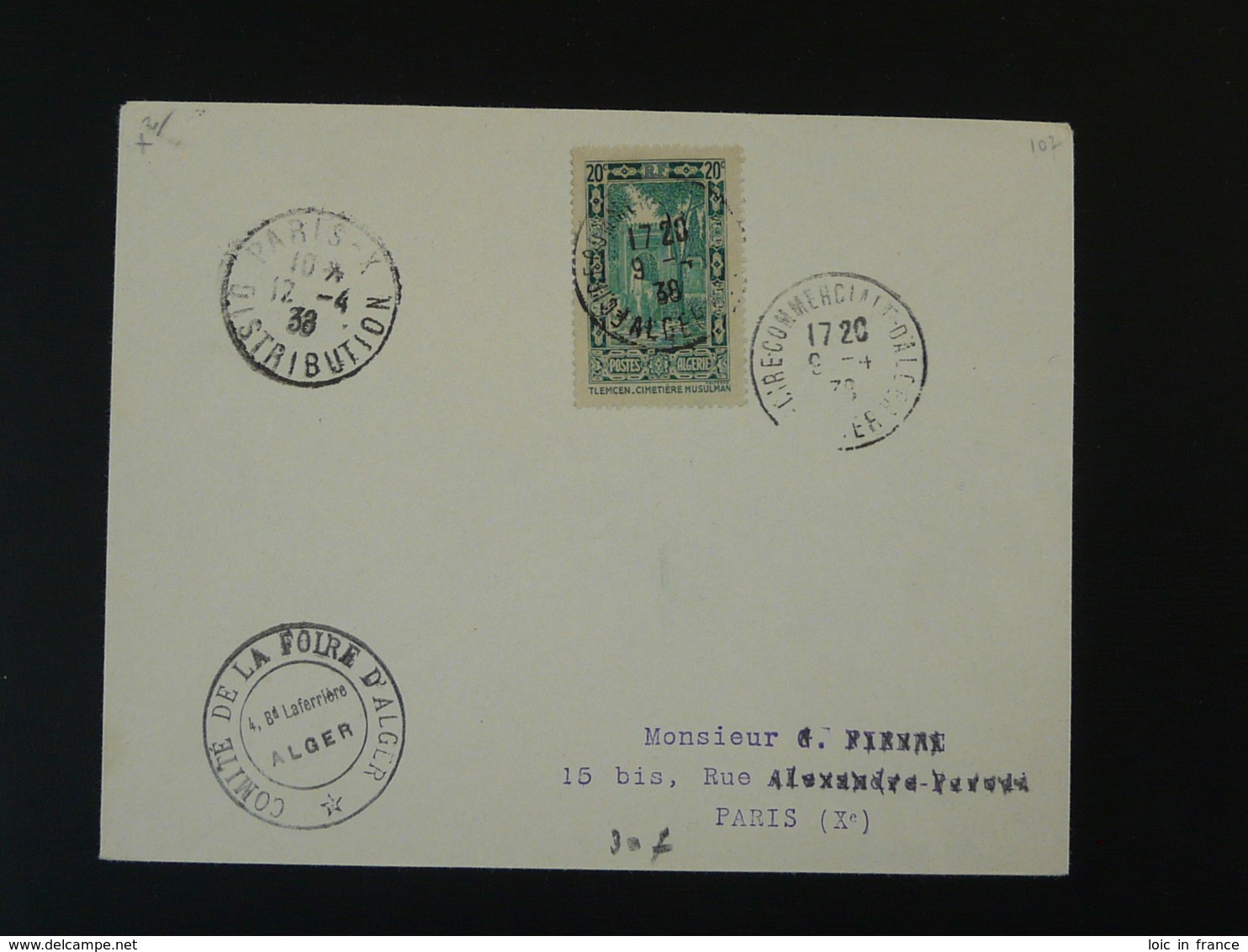 Lettre Pour Paris Foire Commerciale D'Alger 1938 Algérie - Briefe U. Dokumente