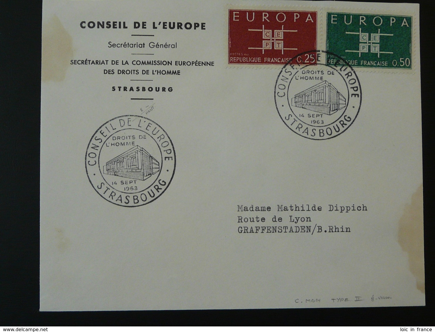 Lettre Cover Commission Européenne Des Droits De L'Homme Conseil De L'Europe Strasbourg Europa 1963 - 1963