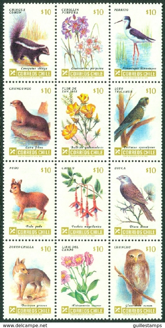 CHILE 1985 FLORA AND FAUNA BLOCK OF 12** (MNH) - Chili