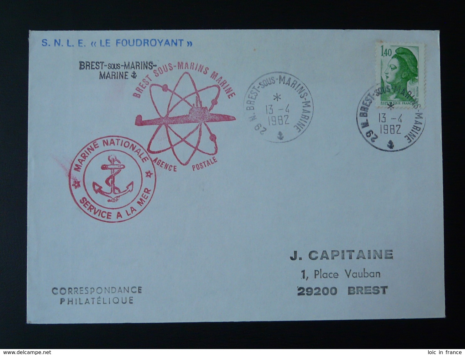 Lettre Postée à Bord Du Sous-marin Le Foudroyant Agence Postale Oblit. Brest Sous-marins Marine 1982 - Naval Post