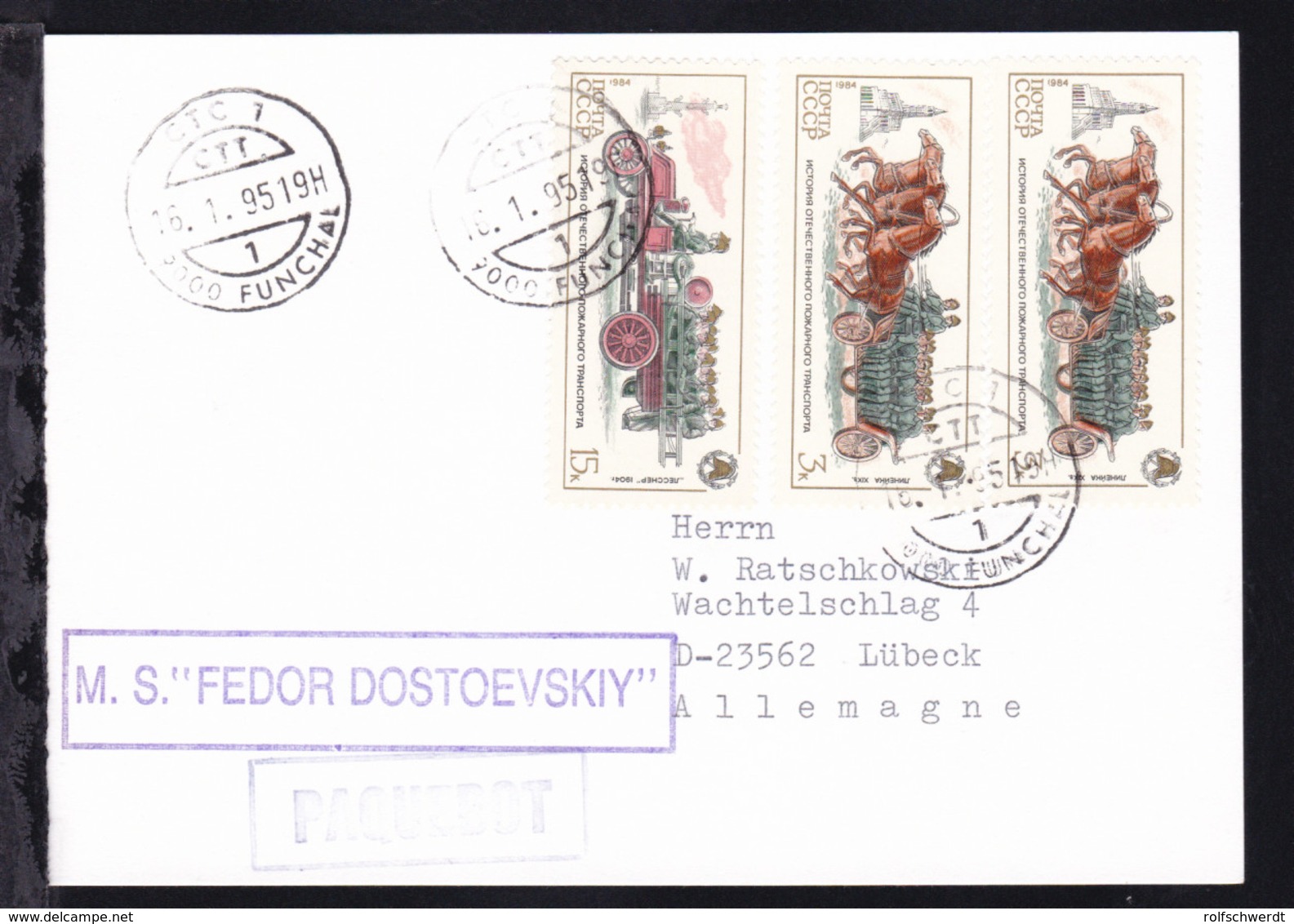 OSt. Funchal 16.1.95 + R1 M.S. "FEDOR DOSTOEVSKIY" Auf Postkarte - Sonstige & Ohne Zuordnung