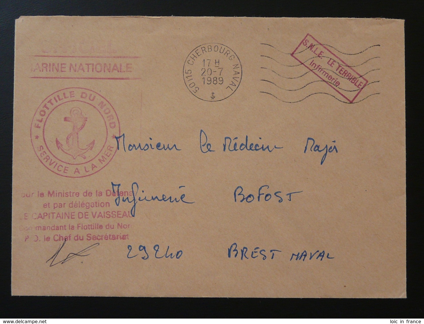 Lettre Postée à Bord Du Sous-marin Le Terrible Cachet Flotille Du Nord Oblit. Cherbourg 50 Manche 1989 (ex 1) - Mechanical Postmarks (Advertisement)