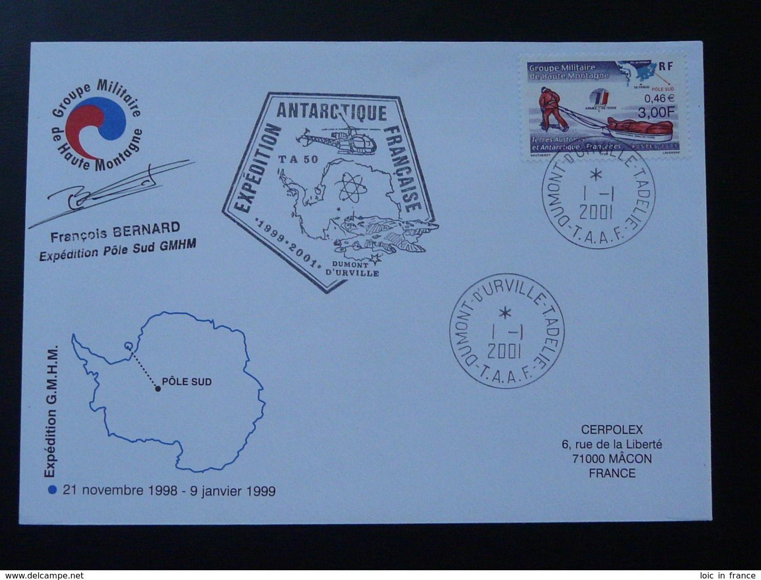 Lettre Cover Expedition Pole Sud Groupe Militaire De Haute Montagne Polar Expedition TAAF 2001 - Antarktis-Expeditionen