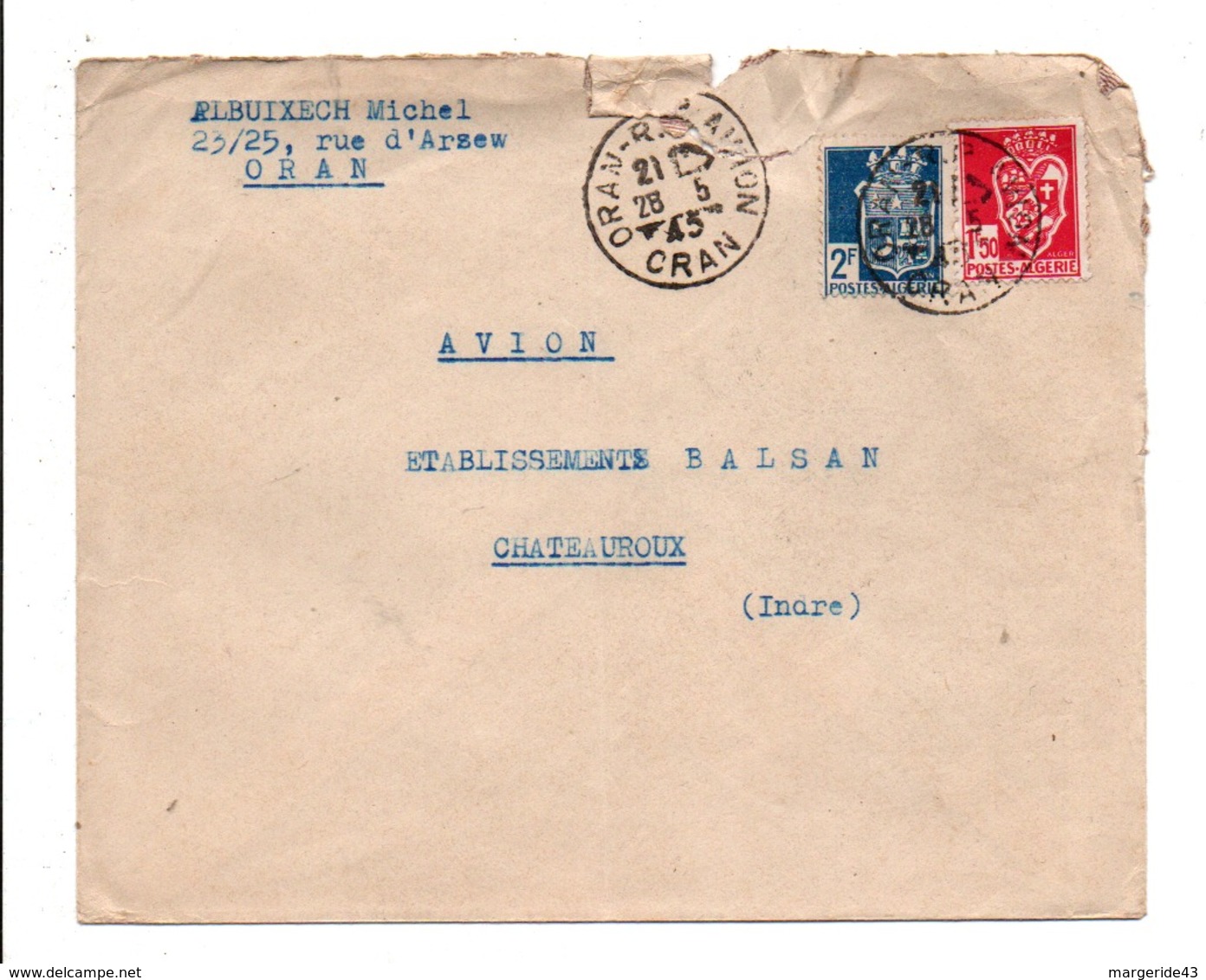 ALGERIE AFFRANCHISSEMENT COMPOSE SUR LETTRE DE ORAN POUR LA FRANCE 1945 - Lettres & Documents