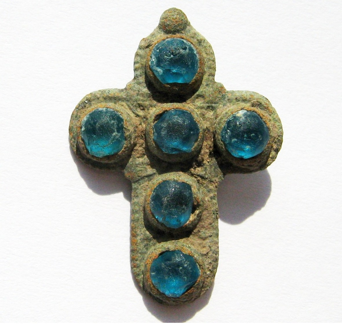 Stunning Medieva Period Bronze Cross Pendant With 6 Stones - Archeologia