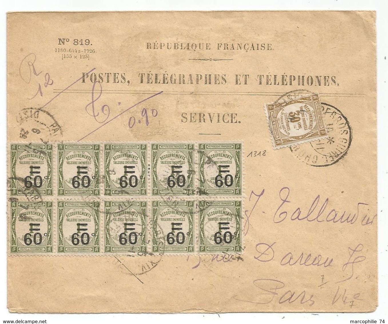 TAXE 60C RECOUVREMENST BLOC DE 10+30C ENVELOPPE SERVICE PTT N°819 PARIS 1926 - 1859-1959 Storia Postale