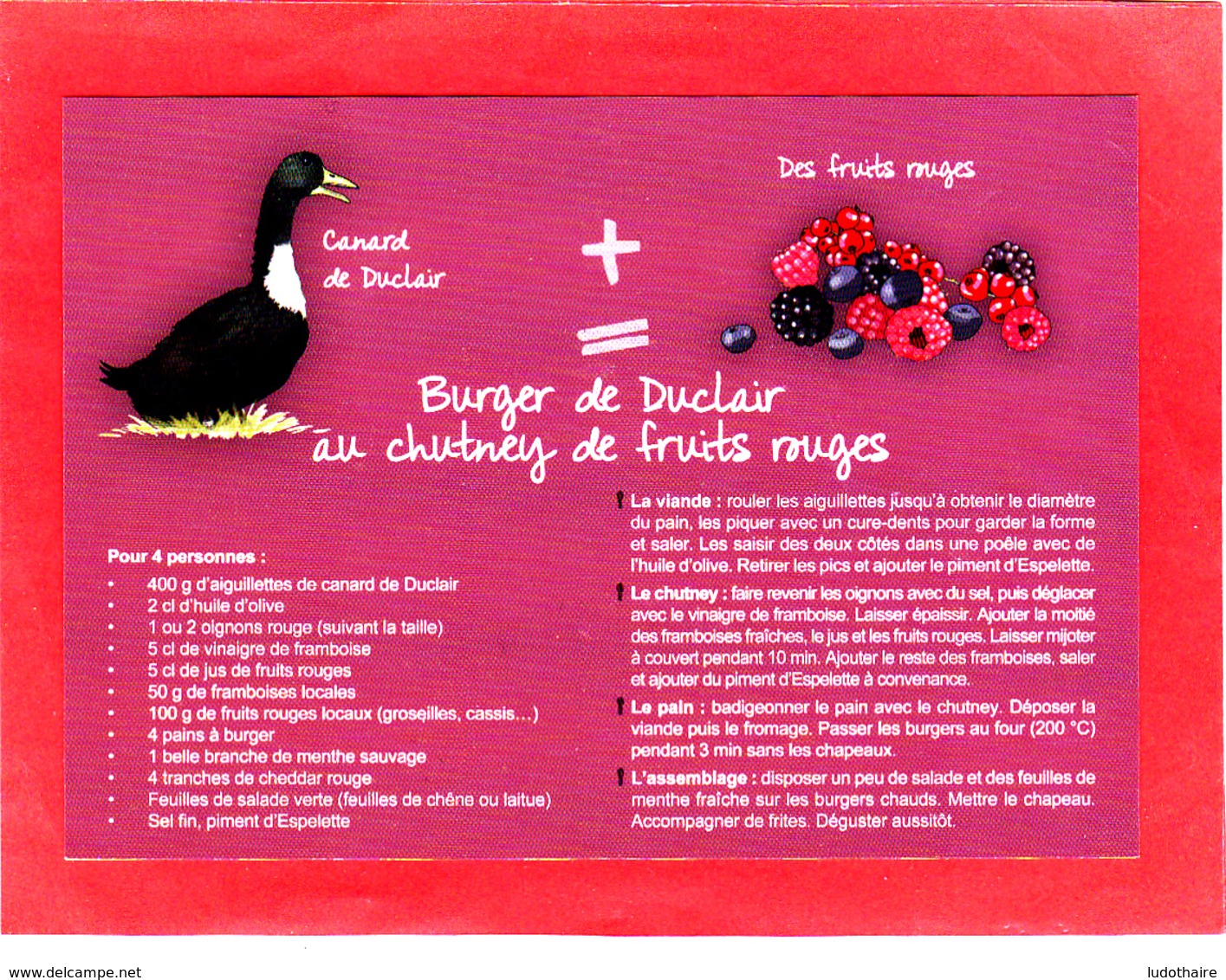 CP Grand Format, Recette De Cuisine, Burger De Duclair Au Chutney De Fruits Rouges, Normandie - Recettes (cuisine)