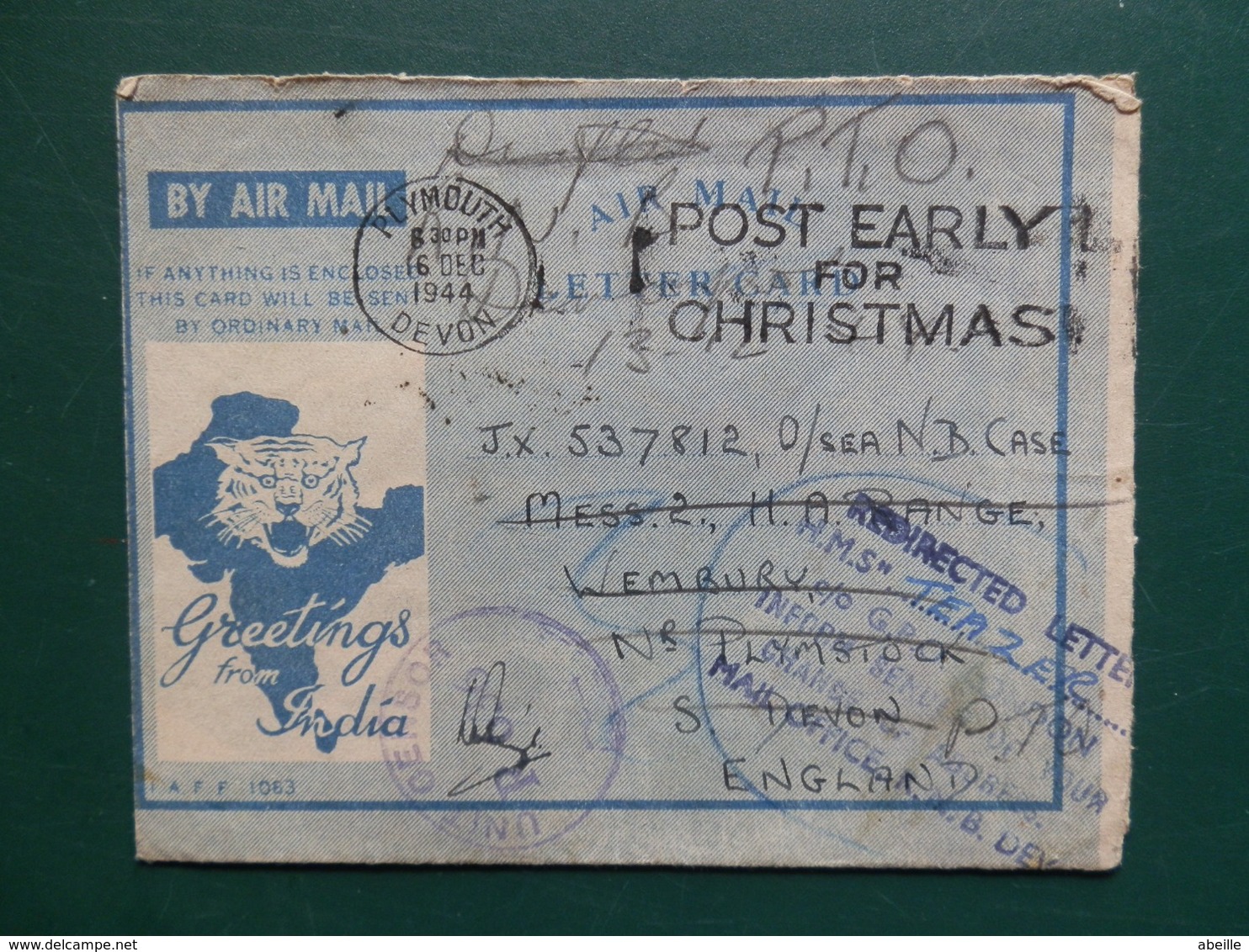 10/208B  AIR LETTER 1944  CHRISTMAS GREETINGS FROM INDIA FROM SOLDIER CENSURE - Félins
