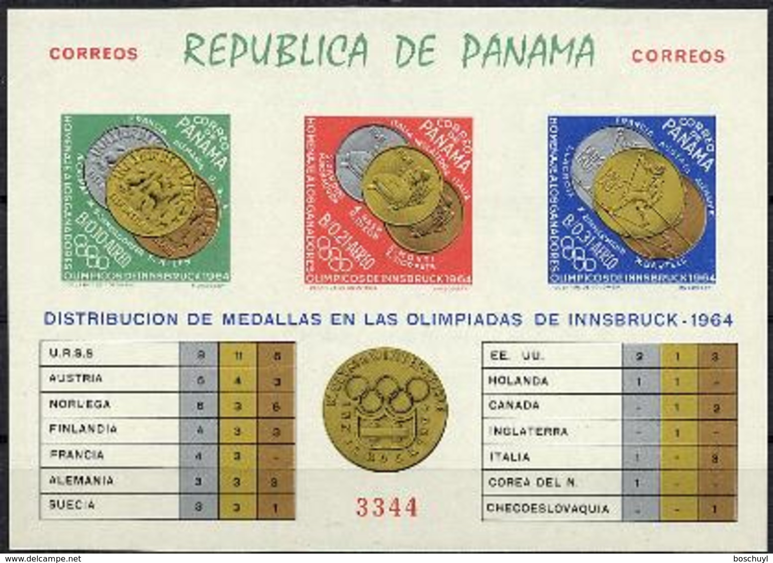Panama, 1964, Olympic Winter Games Innsbruck, Medal Winners, MNH Imperforated, Michel Block 28B - Panama