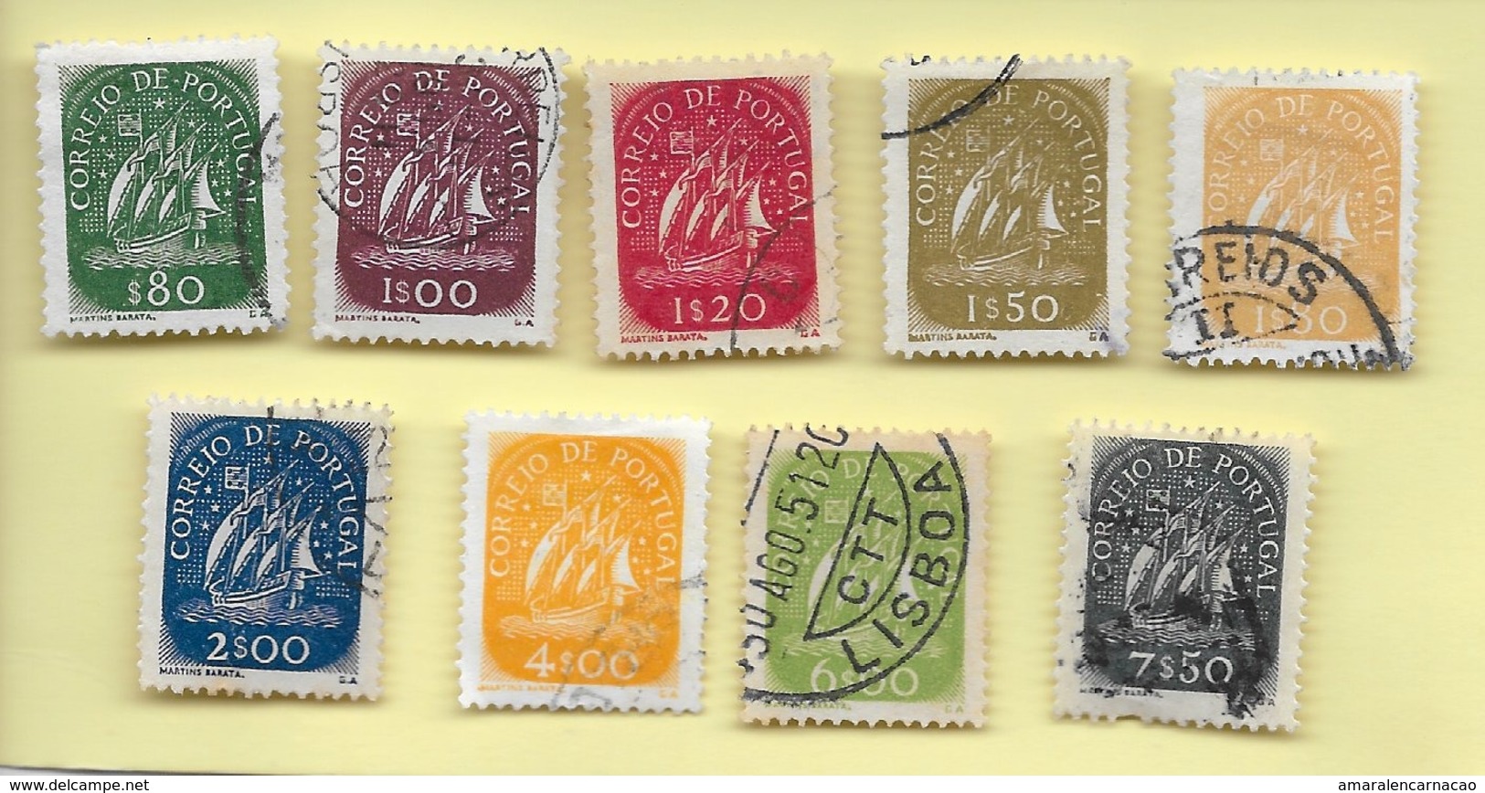 TIMBRES- STAMPS- SELLOS - FRANCOBOLLI - PORTUGAL -1948 - EMISSION CARAVELA (NOUVELLES COULEURS)- SÉRIE TIMBRES OBLITÉRÉS - Oblitérés