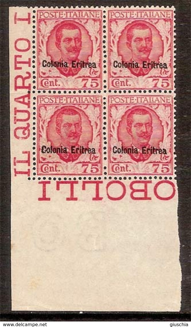 (Fb).Colonie.Eritrea.1928.-75c Carminio In Quartina,centratissima E Con Angolo Di Foglio (754-16) - Eritrea