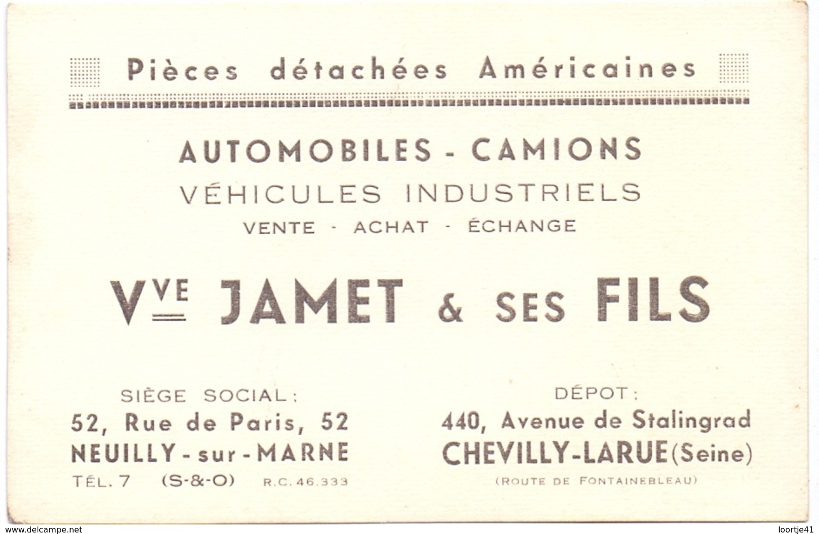 Pub Reclame Kaart Carte - Automobiles Camions Vve Jamet & Ses Fils - Neuilly Syr Marne & Chevilly Larue - Publicités